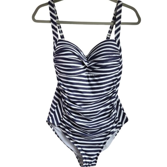 Niptuck Swim 8 Blue White Striped One-Piece Swimsuit Ruched Multi-Fit Cup Slimmi - Picture 1 of 16